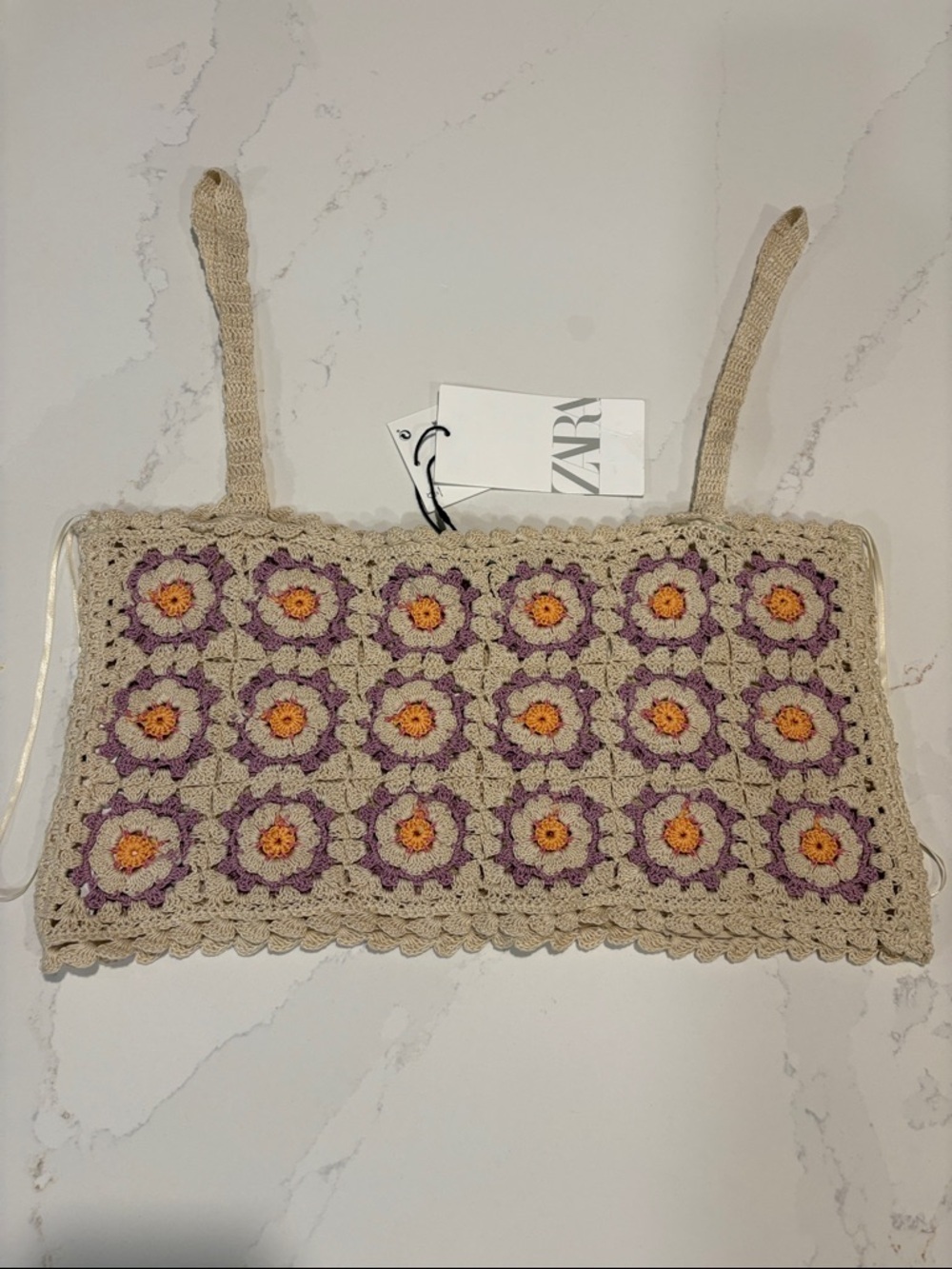 ZARA Crochet Floral Crop Camisole in Cream with Purple & Orange Flowers sz XS-S